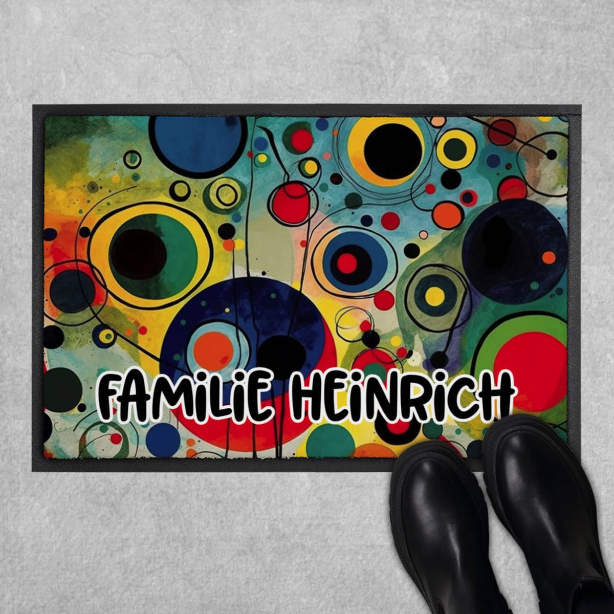 bunte Fußmatte mit bunten Kreisen und Ihrem Wunschtext