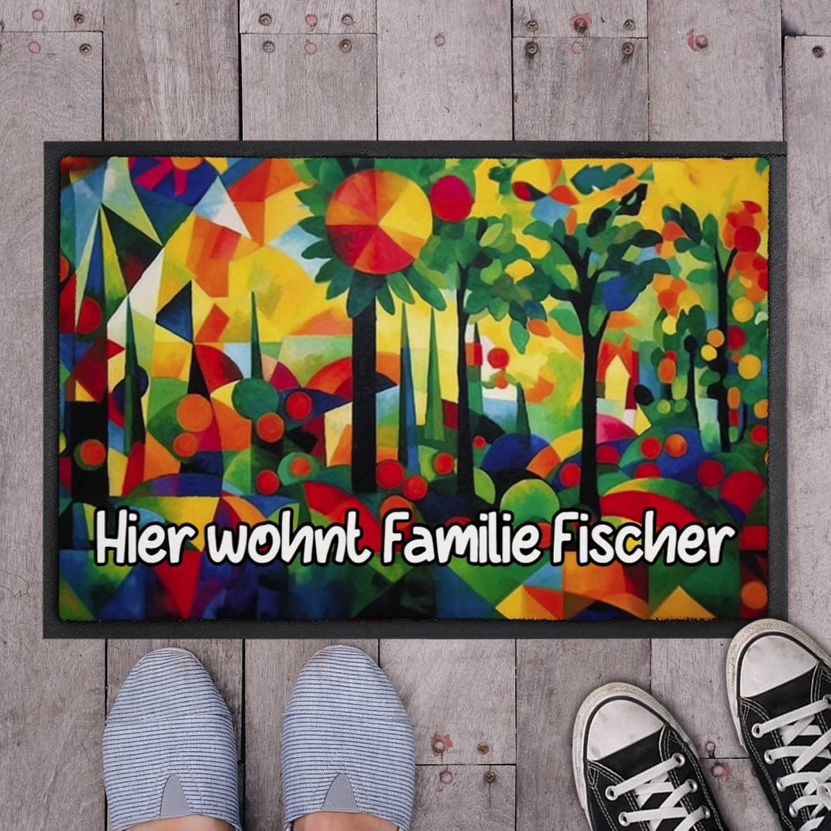 bunte Fußmatte mit Bäumen und Ihrem Wunschtext