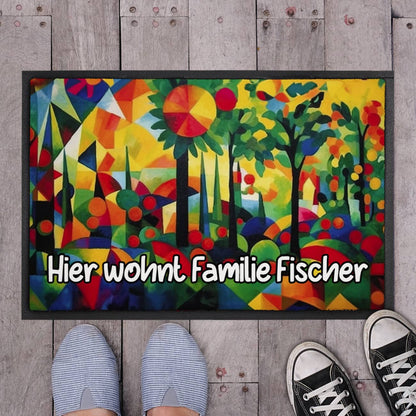 bunte Fußmatte mit Bäumen und Ihrem Wunschtext