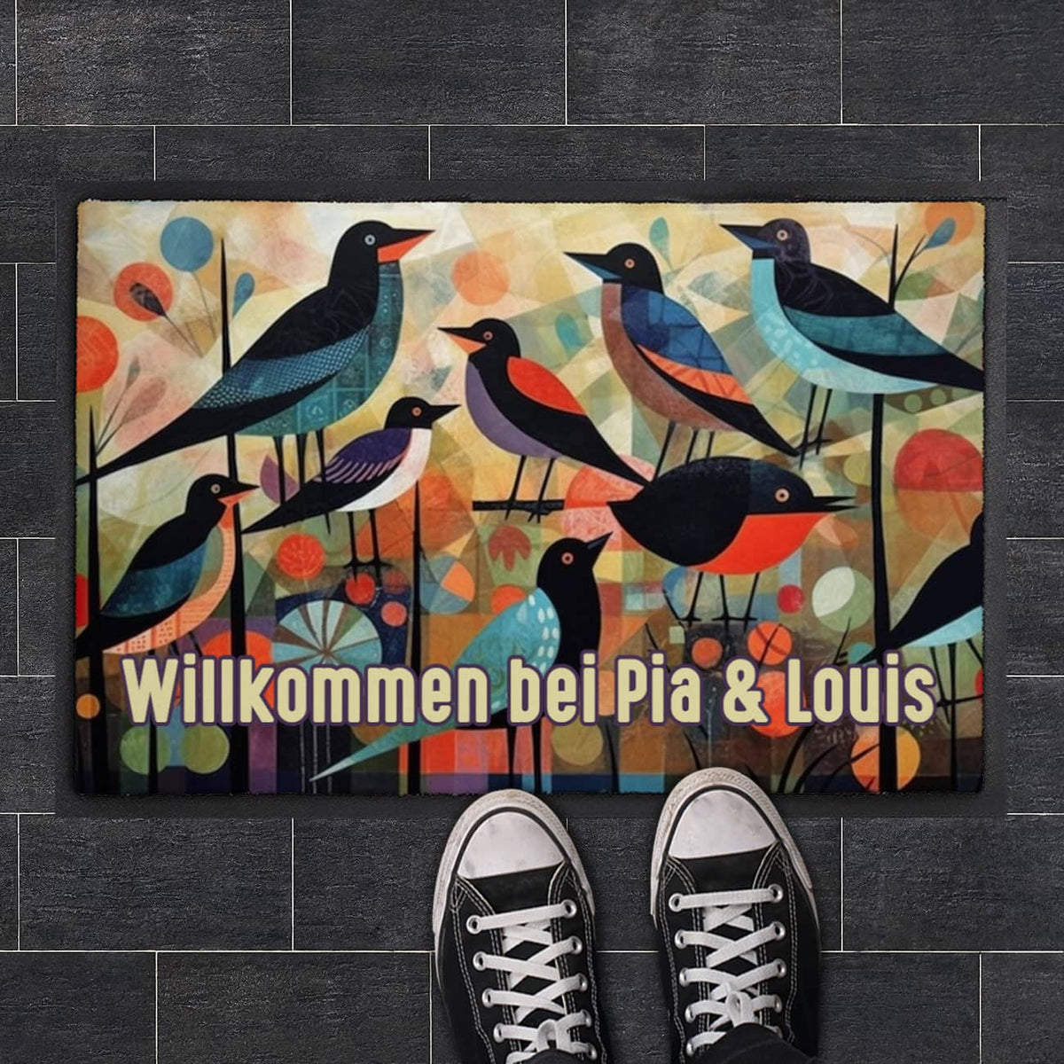 bunte Fußmatte mit Vogel-Motiv und Ihrem Wunschtext