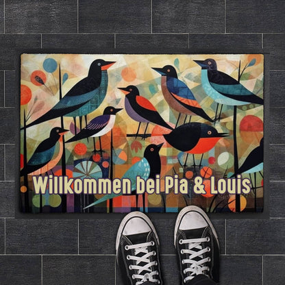 bunte Fußmatte mit Vogel-Motiv und Ihrem Wunschtext