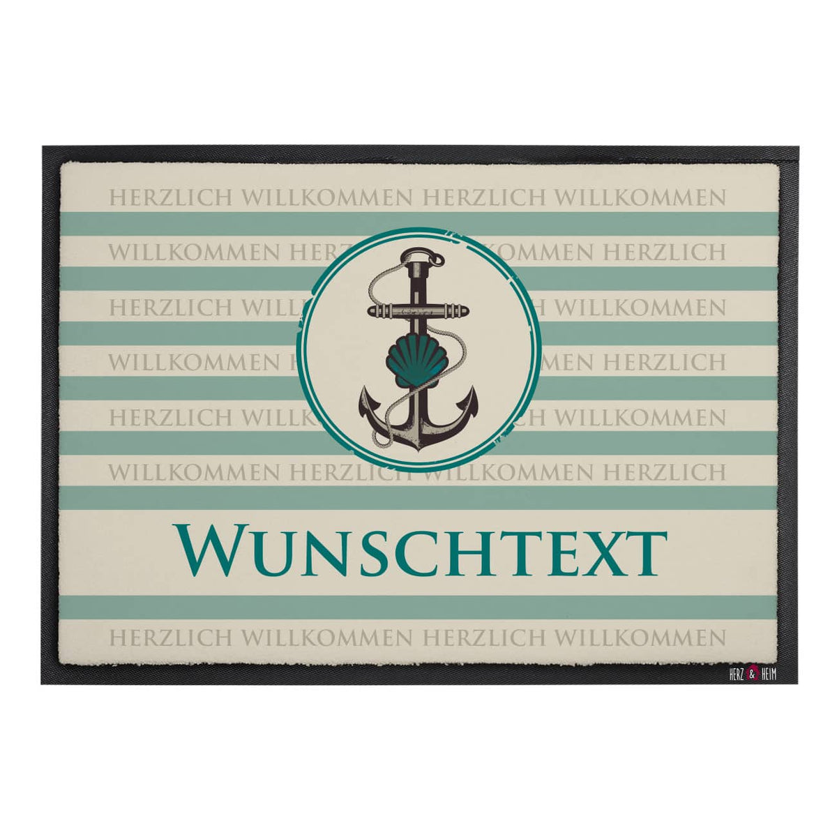 Maritime Fussmatte mit Wunschtext und Herzlich Willkommen Schriftzug