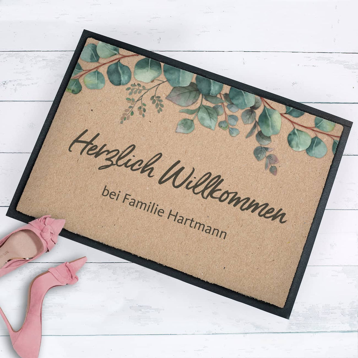 Herzlich Willkommen - Eukalyptus Fußmatte mit Ihrem Text, 70 x 50 cm
