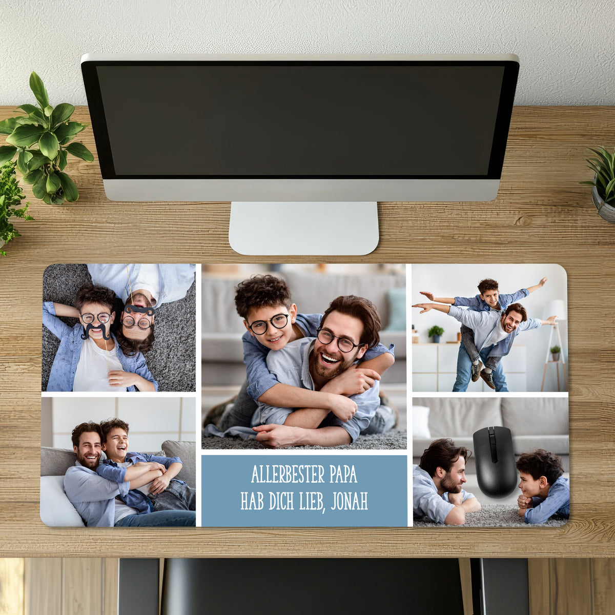 XXL Schreibtischunterlage mit 5 Fotos und Wunschtext als Geschenk für Papa