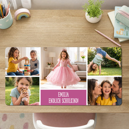 Personalisierte Schreibtischunterlage mit 5 Fotos und Wunschtext für den Schreibtisch eines Schulkindes