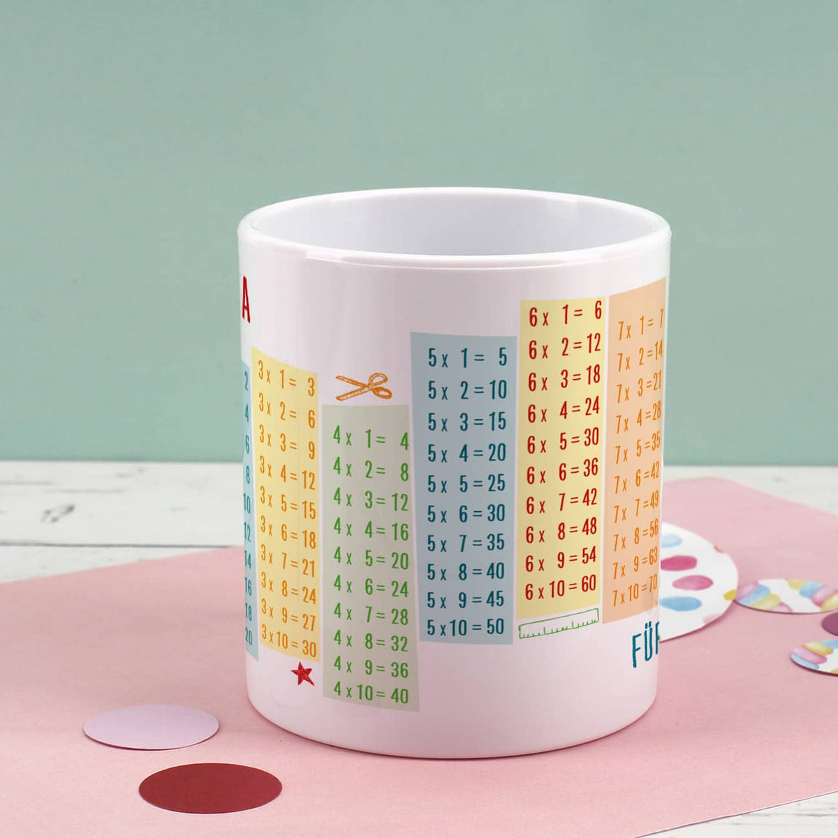 Kunststoff-Tasse mit dem kleinen Einmaleins bedruckt