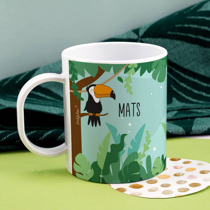 Tasse für Kinder aus Kunststoff mit Name und Tucan