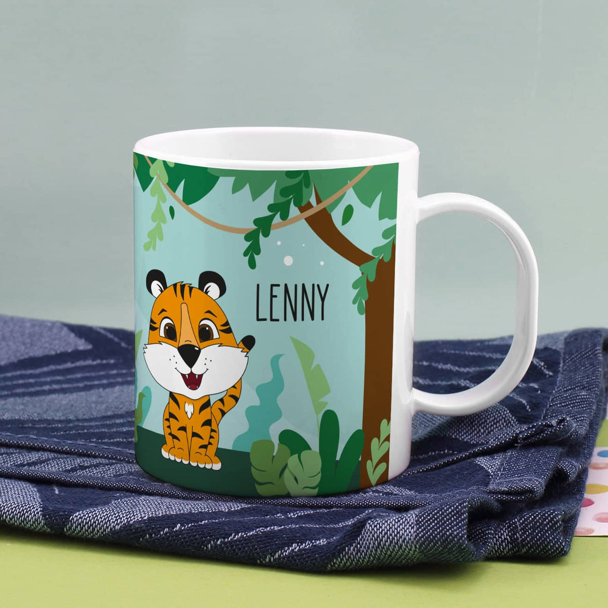 Dschungel-Tasse für Kinder mit Tiger, Tucan und Name