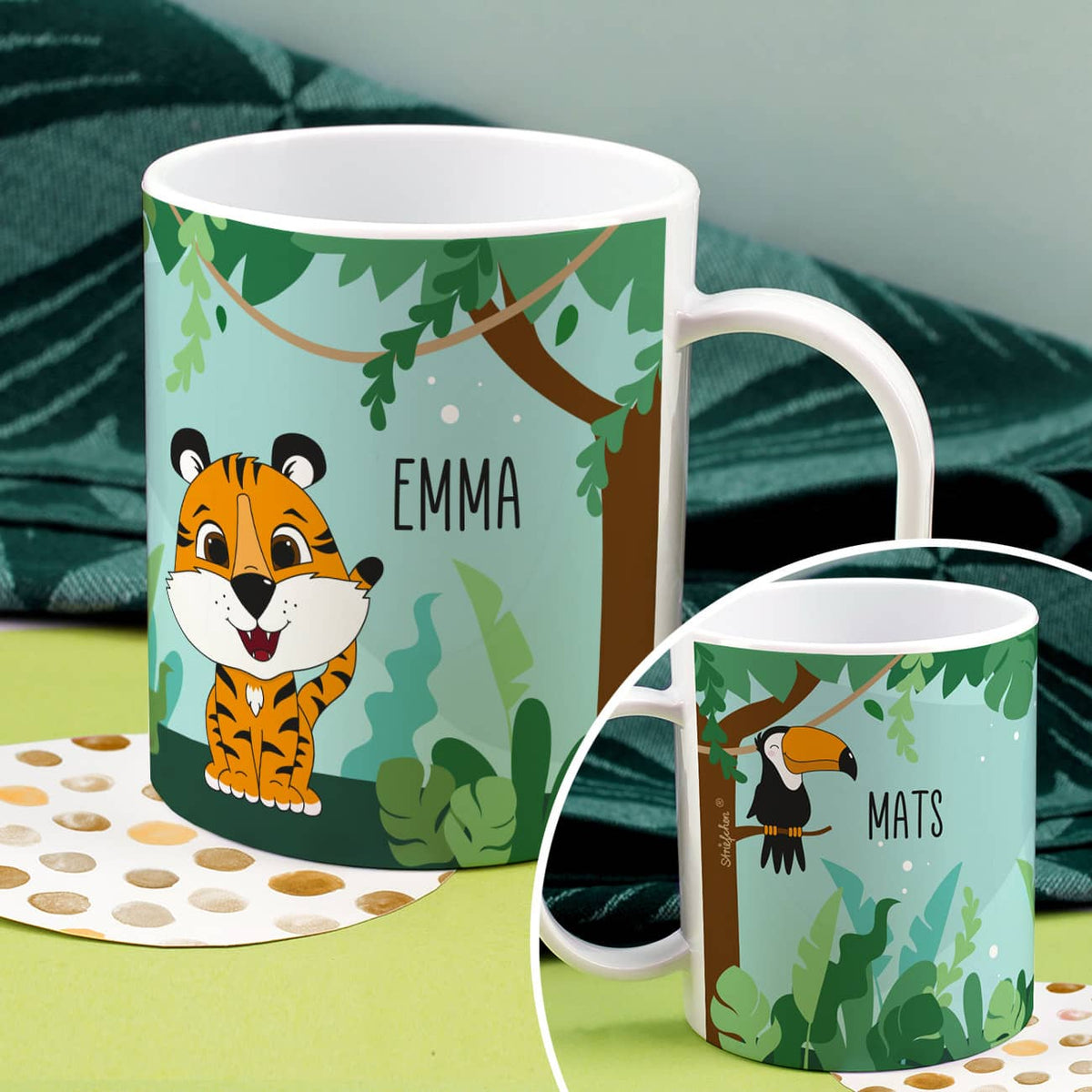 Kunststofftasse Dschungel mit Tiger, Tucan und Name bedruckt