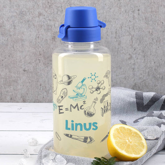 Transparente Trinkflasche mit Name für die Wissenschaftler von morgen