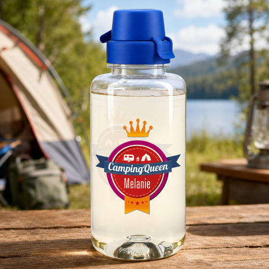 Camping Queen - transparente Trinkflasche mit Name personalisiert 0,7 L