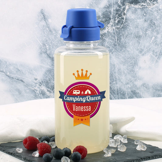 Camping Queen - transparente Trinkflasche mit Name personalisiert 0,7 L