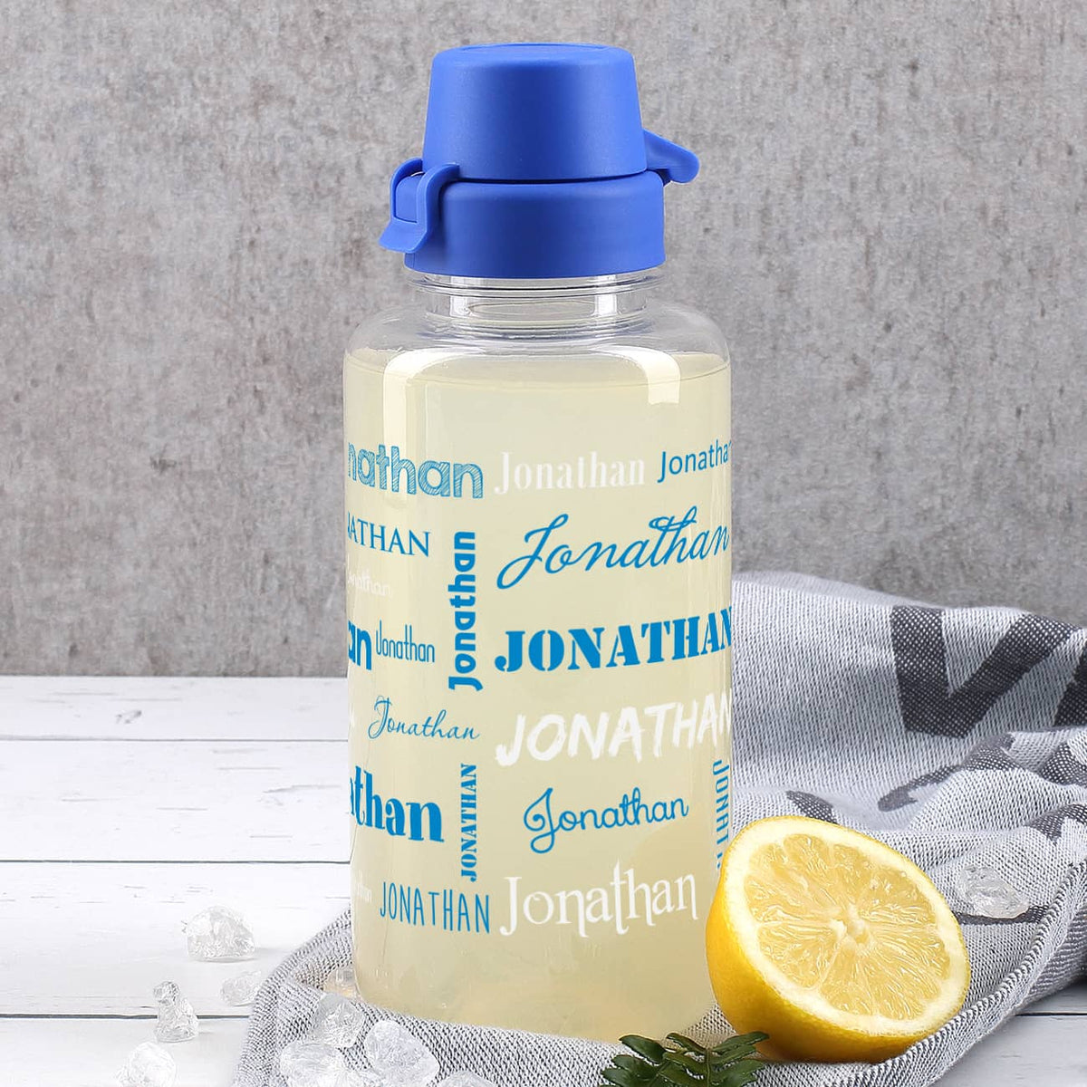 Transparente Trinkflasche  mit Name - blau weiss