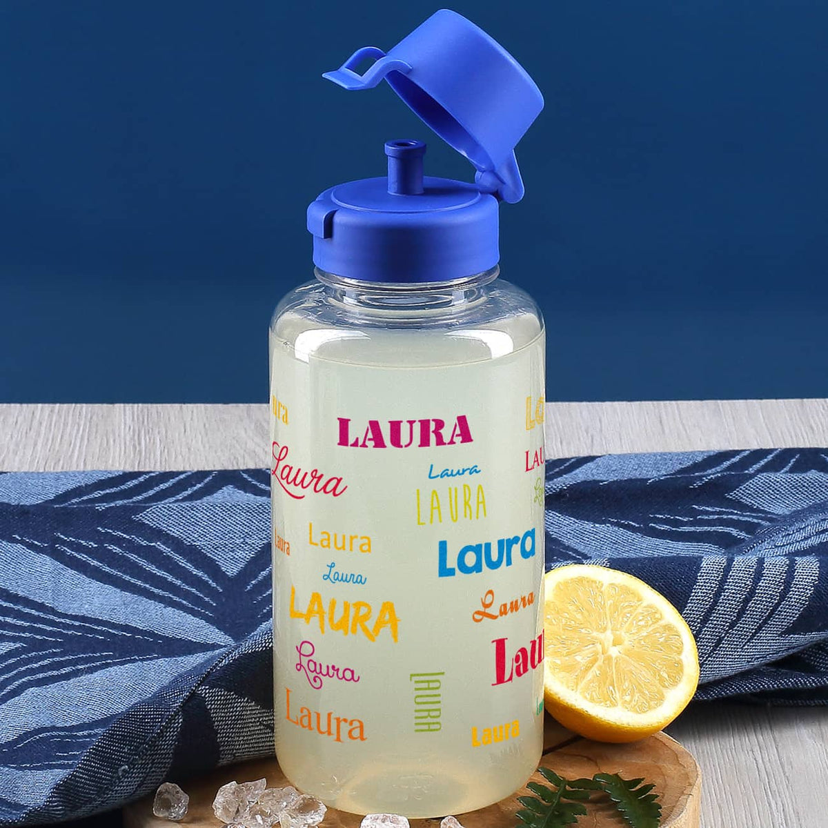 Transparente Trinkflasche  mit Name - bunt