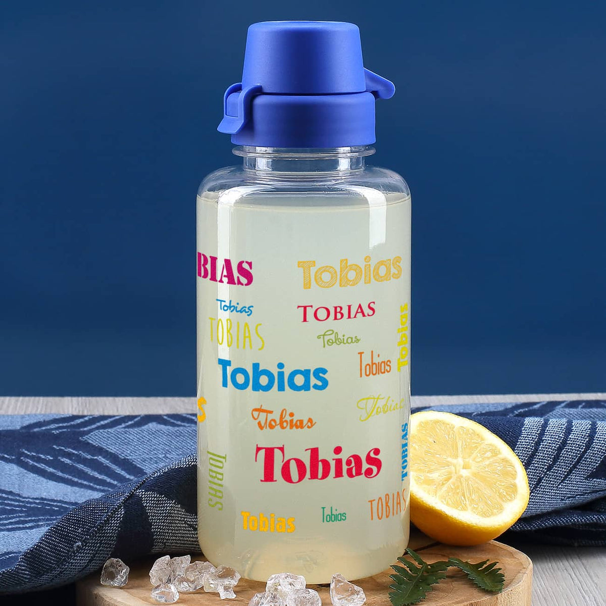 Transparente Trinkflasche  mit Name - bunt