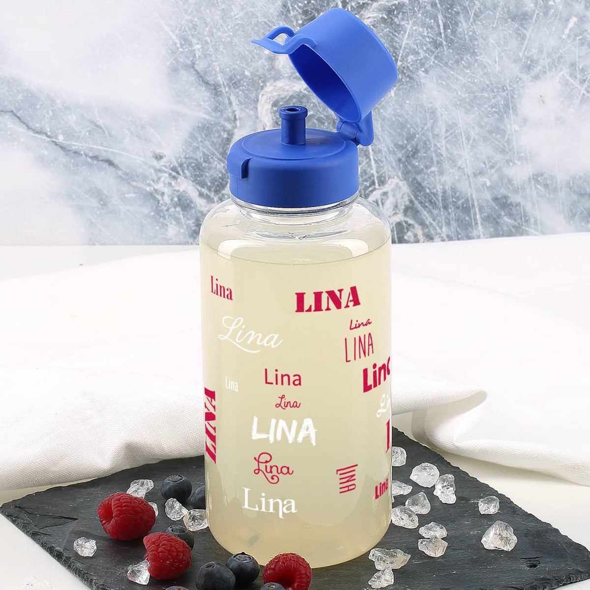 Transparente Trinkflasche  mit Name - pink weiss