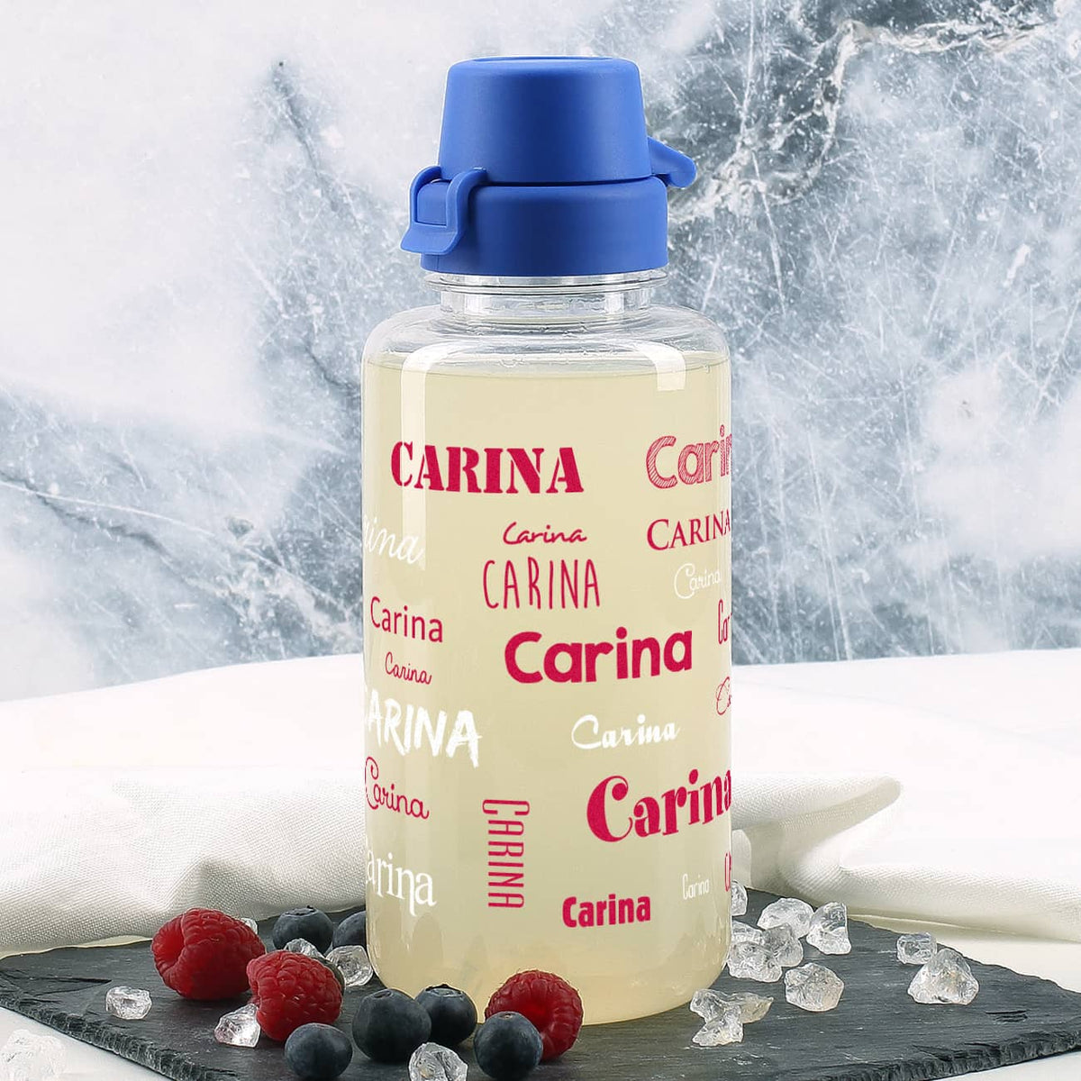 Transparente Trinkflasche  mit Name - pink weiss