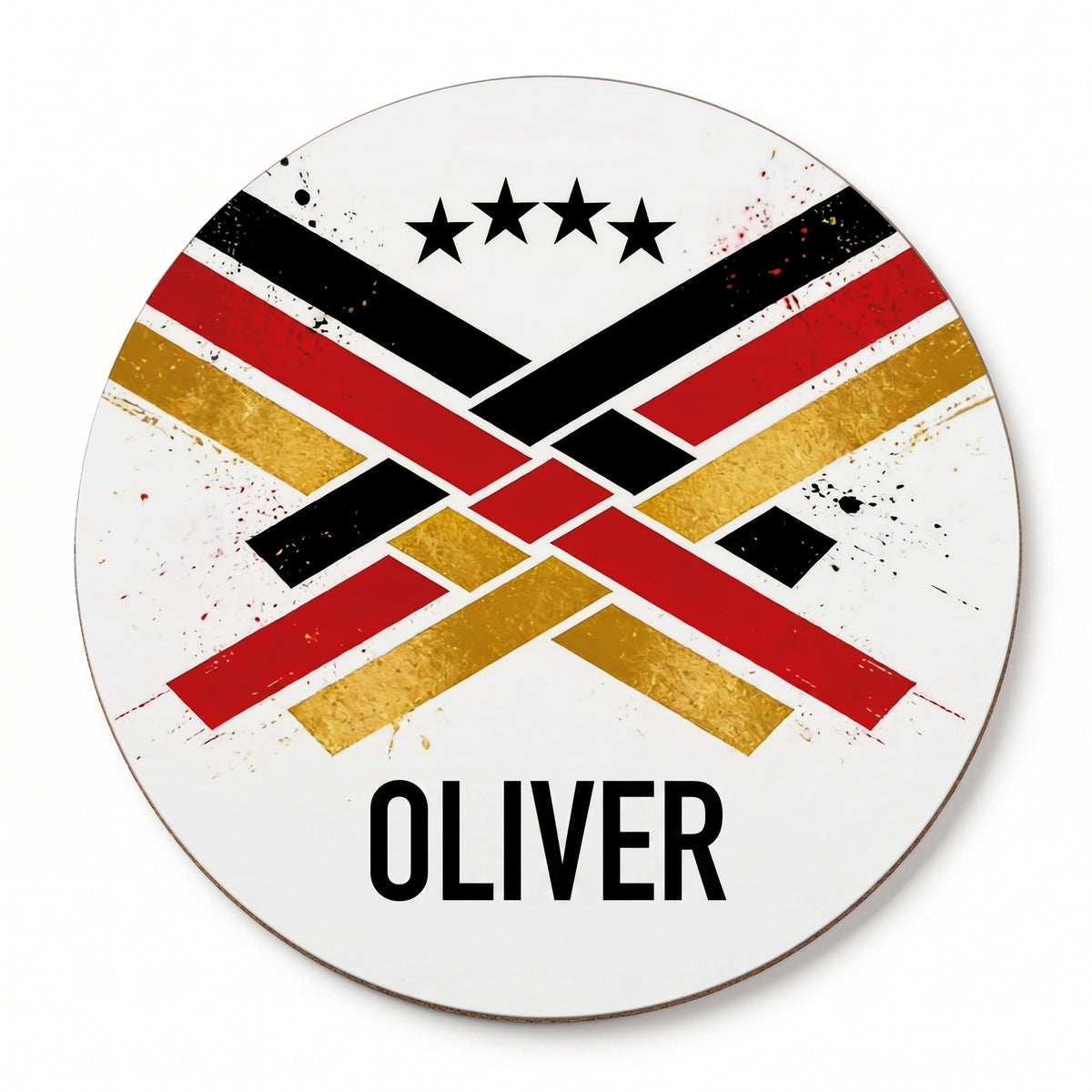 Runder Fußball Untersetzer mit Name Oliver und sportlichem Deutschland Design in Schwarz, Rot und Gold