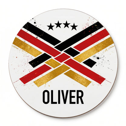 Runder Fußball Untersetzer mit Name Oliver und sportlichem Deutschland Design in Schwarz, Rot und Gold