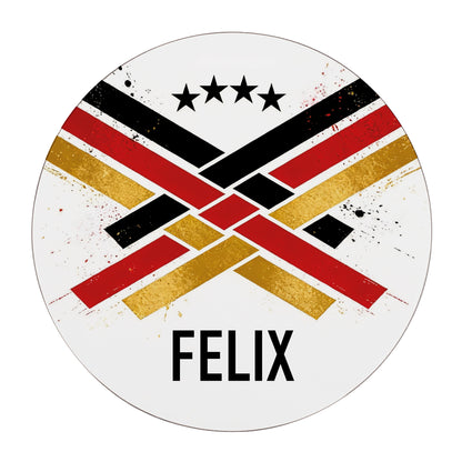 Personalisierter Fußball Untersetzer mit Name Felix, Deutschland Motiv, Sternen und Streifen in Schwarz Rot Gold