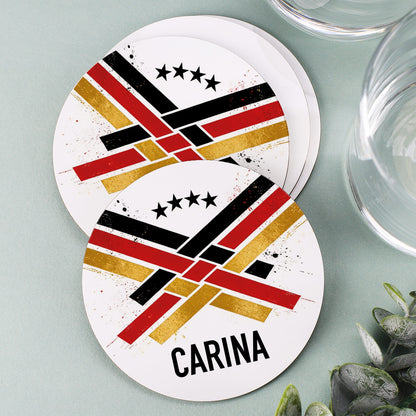 Runde Fußball Untersetzer mit Deutschland Motiv und Name Carina in Schwarz Rot Gold aufgedeckt