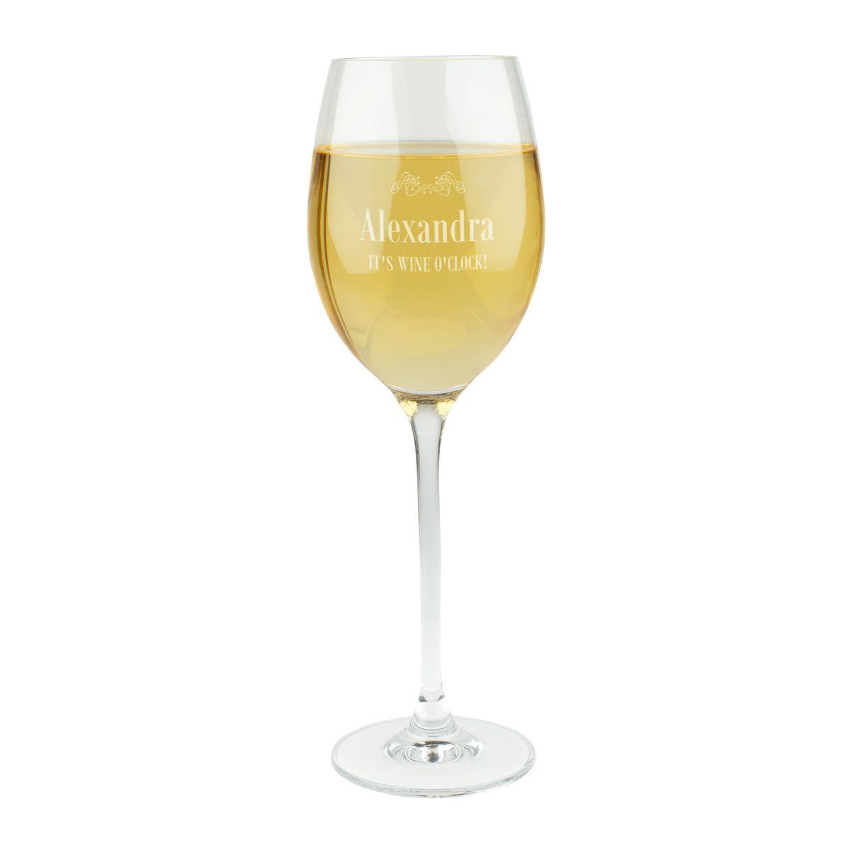 Freigestelltes Leonardo Weißweinglas mit Gravur Name Alexandra und Spruch It’s Wine O’Clock