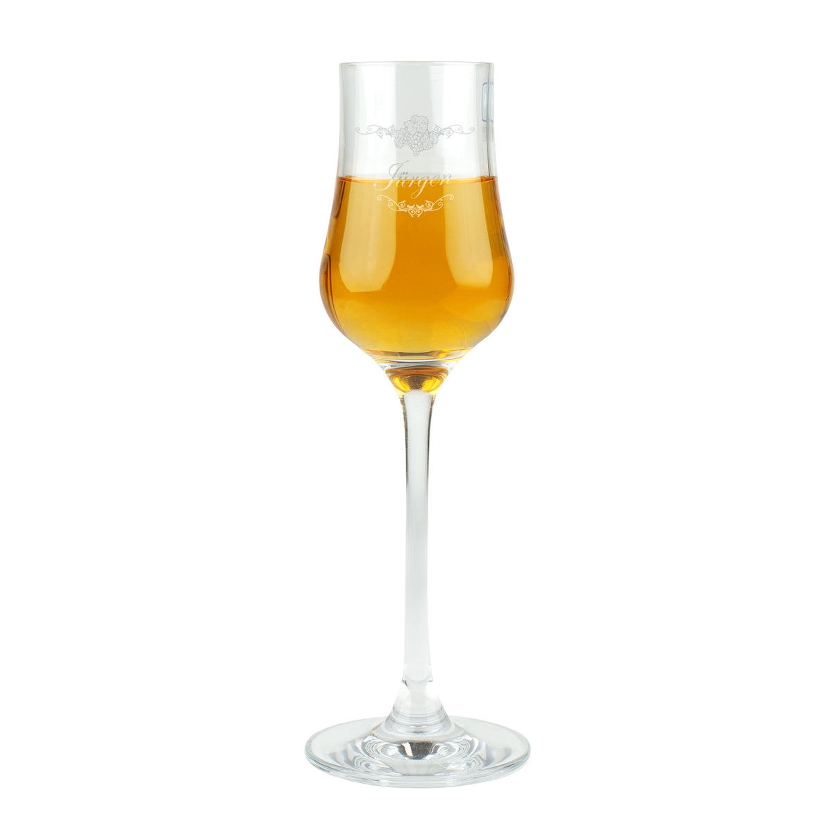 Freigestellte Aufnahme des Leonardo Grappaglases mit Gravur „Jürgen“ und goldenem Grappa.