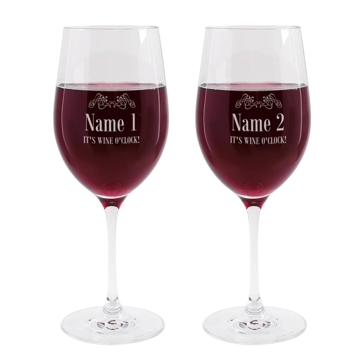 2 gravierte Weingläser It's Wine O'Clock mit Wunschnamen
