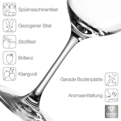 Detailansicht des Leonardo Weinglases mit Eigenschaften wie spülmaschinenfest, stoßfest, Brillanz und TEQTON-Glas