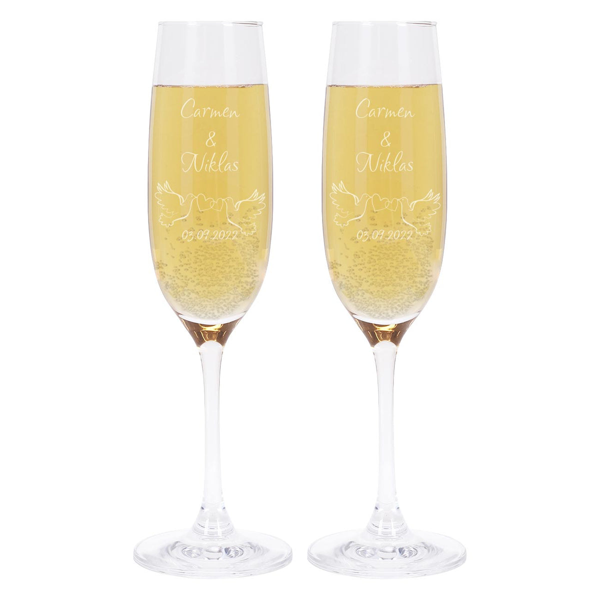 gravierte Sektgläser zur Hochzeit mit Tauben und Personalisierung