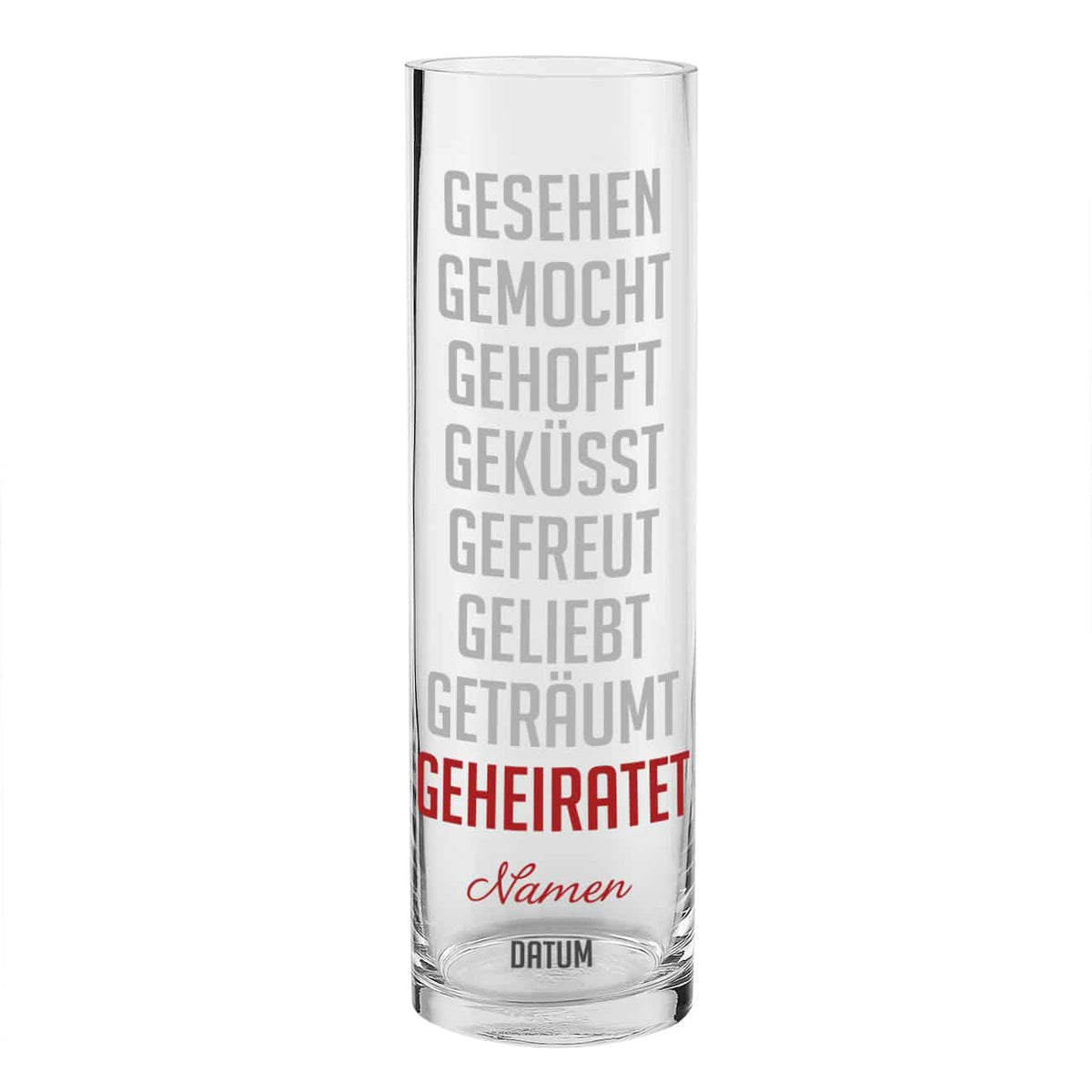 Vase mit Hochzeits-Motiv, Wunschname und Datum