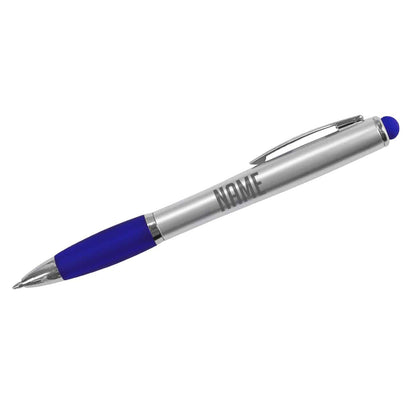 Silber-blau farbener Kuli mit LED und Namensgravur