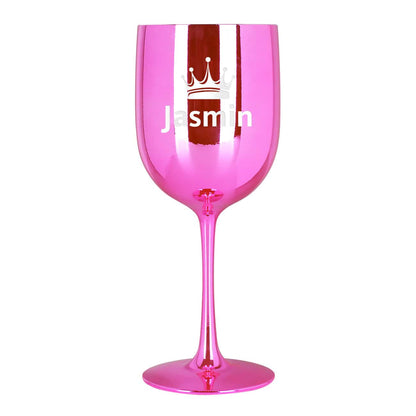 Weinkelch in Pink mit Gravur von Name und Krone