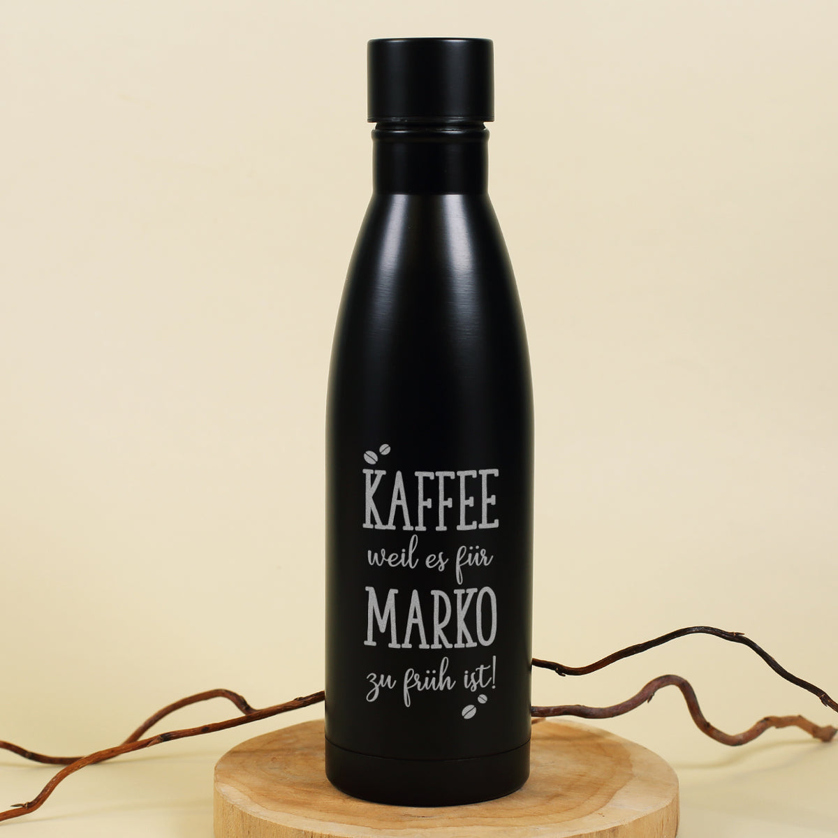 Thermosflasche mit Kaffeemotiv und Wunschtext