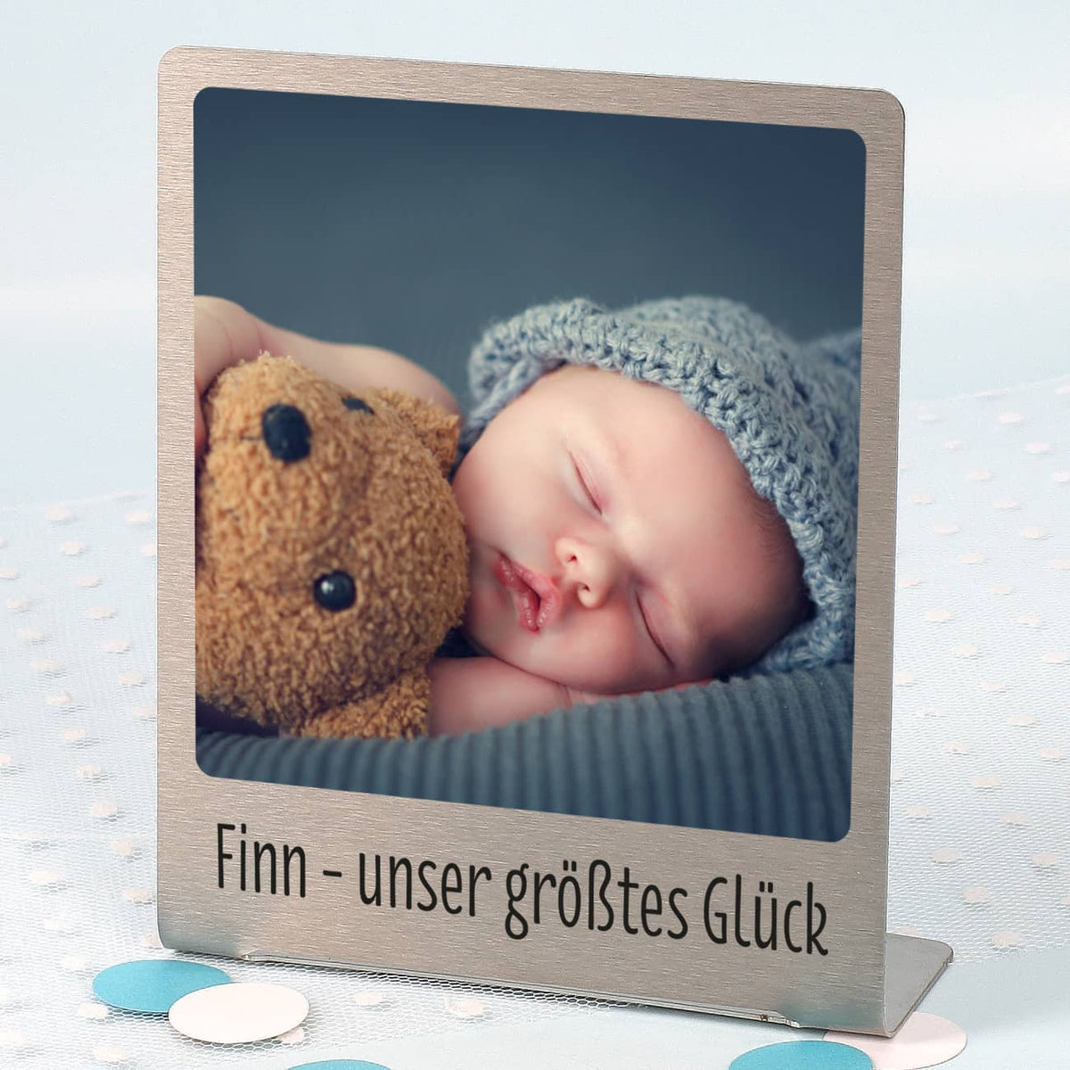 Großer Edelstahl Fotorahmen mit Ihrem Lieblingsfoto und Wunschtext
