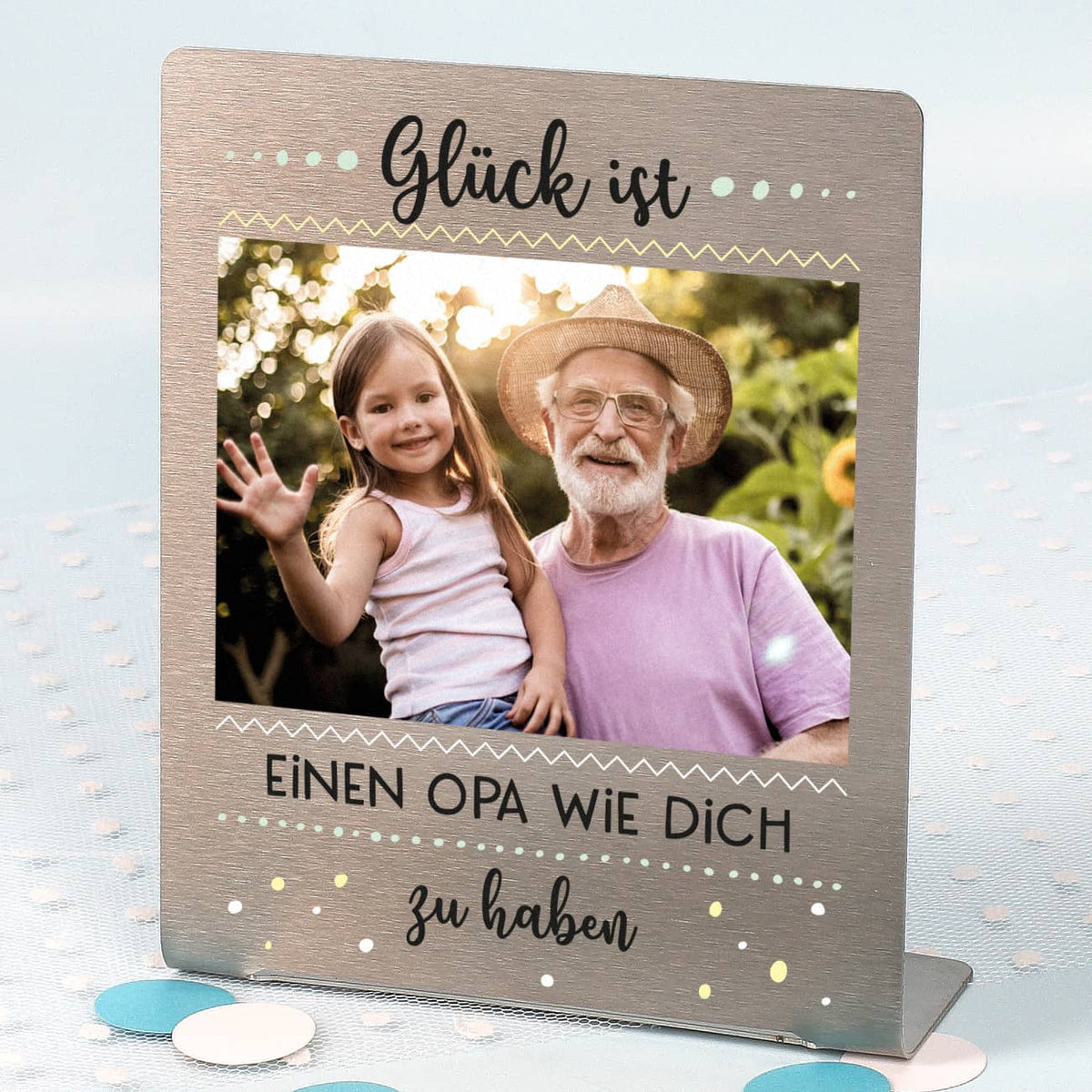 Glück ist... - Edelstahl Foto-Aufsteller mit Ihrem Bild und Wunschtext 14x17 cm