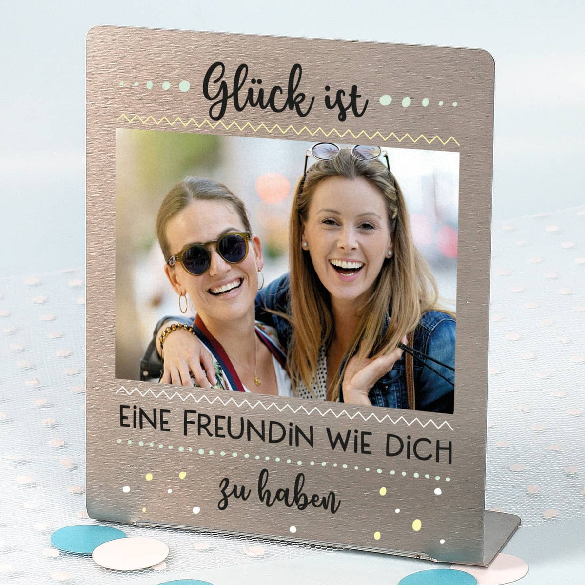 Glück ist... Foto-Aufsteller mit Ihrem Bild und Wunschtext 14x17 cm