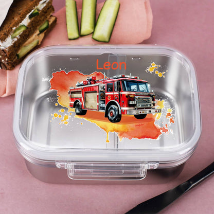 Brotdose aus Edelstahl mit Feuerwehrauto-Motiv bedruckt und Name