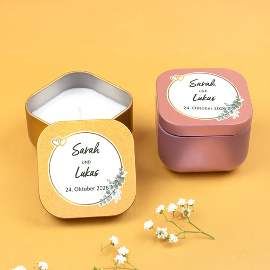 Personalisierte Hochzeitskerze in Gold und Roségold als Gastgeschenk mit Eukalyptus-Motiv