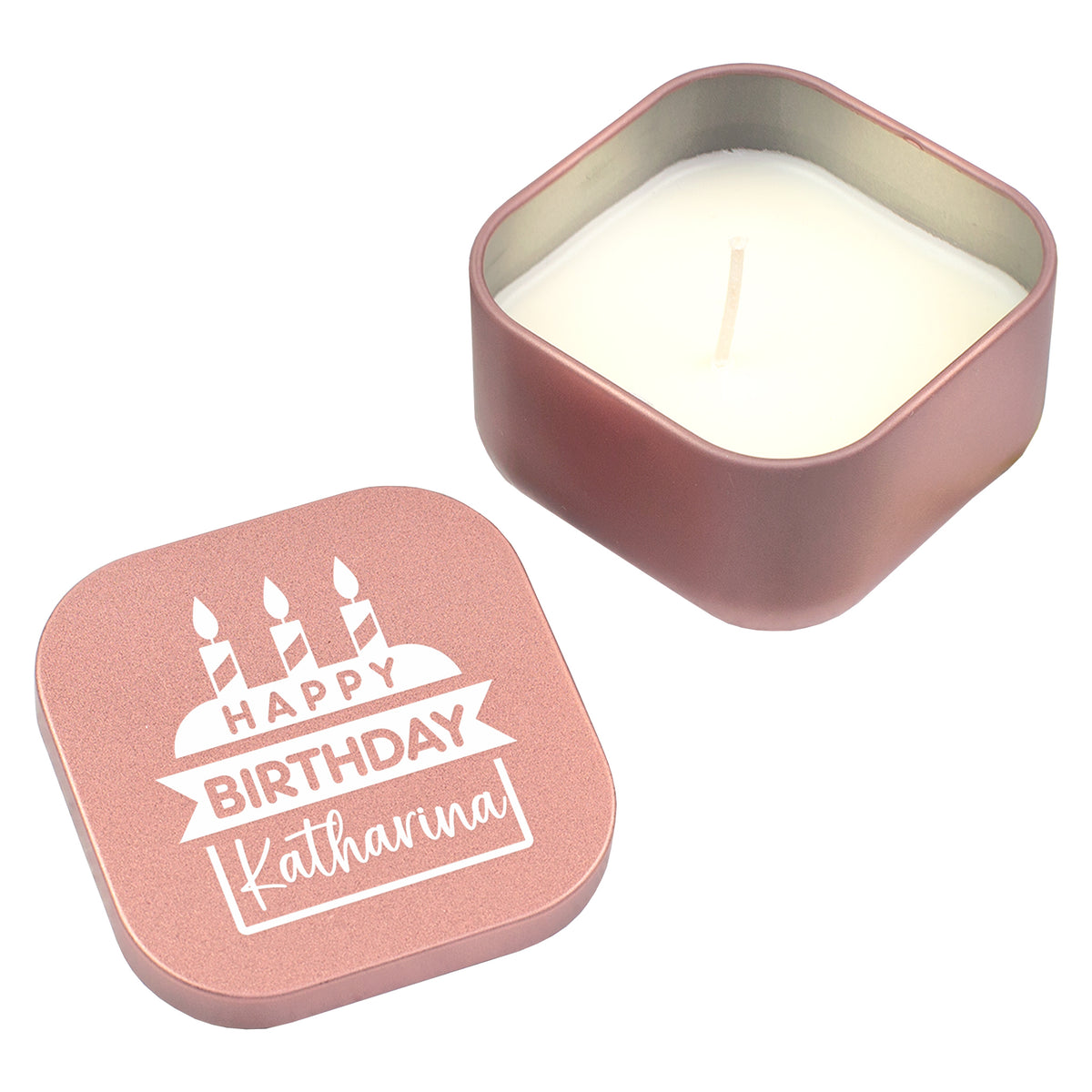 Freigestellte Produktansicht der personalisierten Duftkerze in Roségold mit Name Katharina