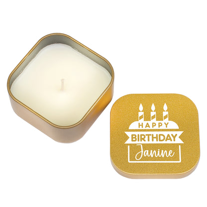 Freigestellte Produktansicht der goldenen personalisierten Mini Duftkerze mit Name Janine
