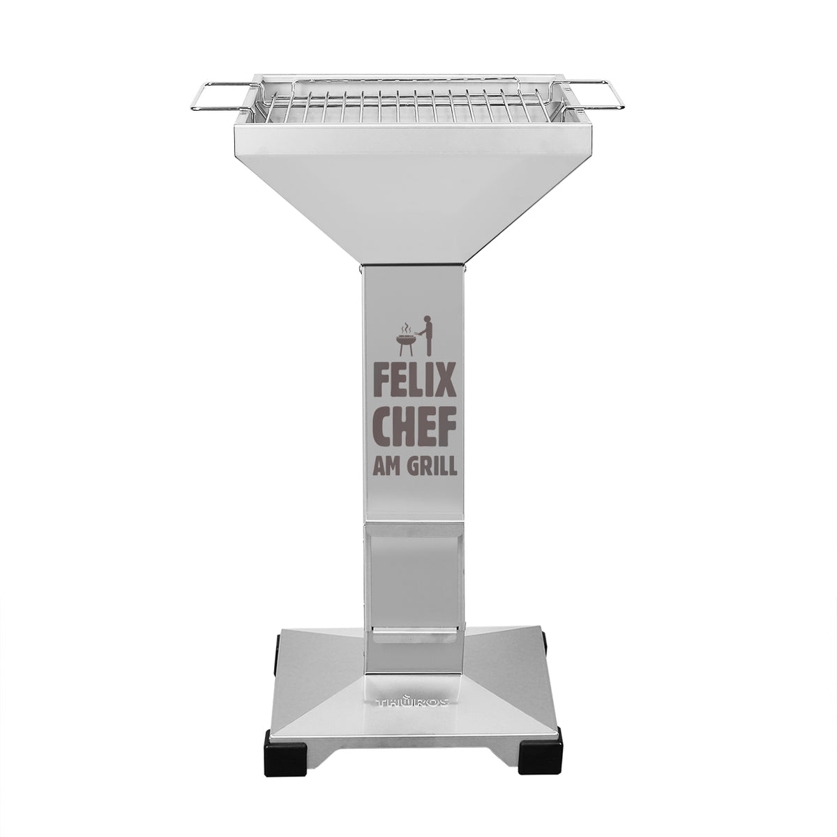 Professioneller Thüros Säulengrill aus Edelstahl mit persönlicher Gravur "Chef am Grill" und dem Namen, als Geschenk zum Geburtstag oder Vatertag, Holzkohlegrill 