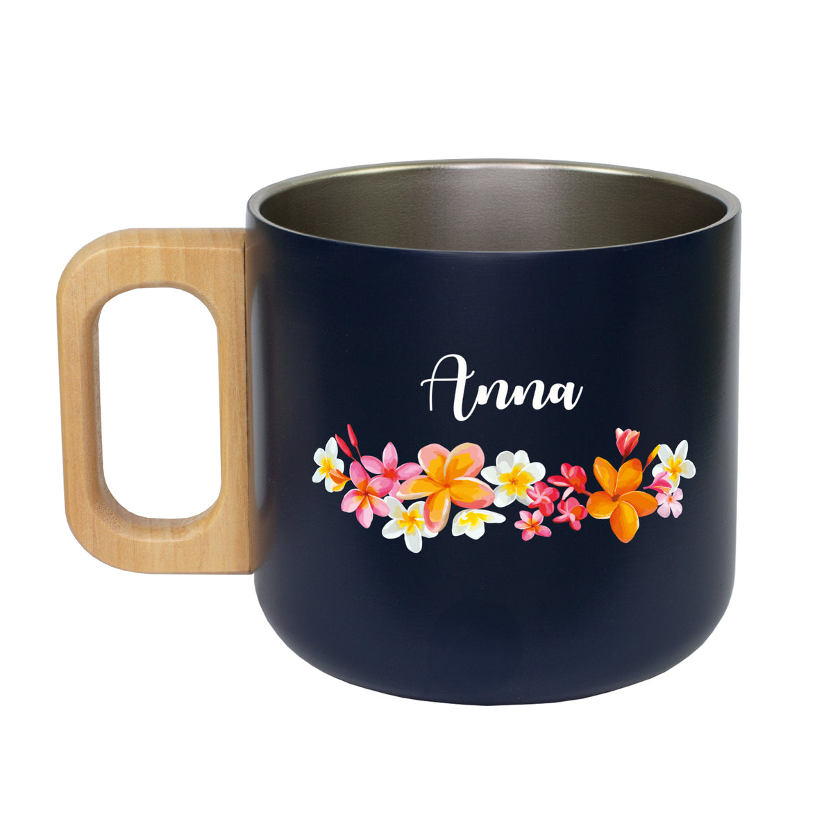 Personalisierter Edelstahlbecher mit Blumen-Motiv und Name Anna vor weißem Hintergrund