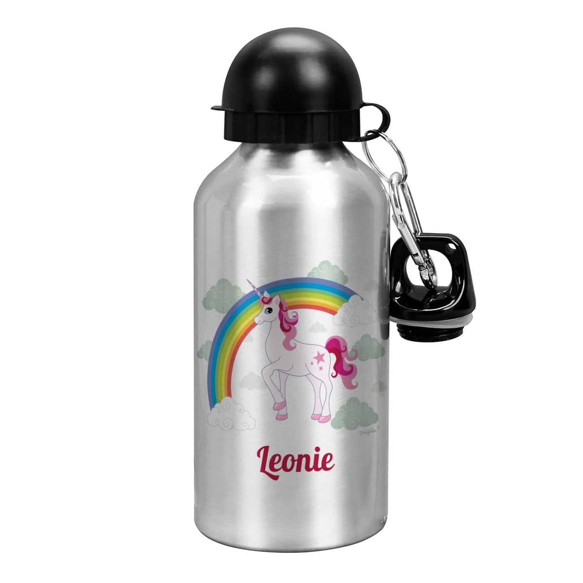 Silberne Trinkflasche mit Einhorn und Ihrem Wunschnamen bedruckt