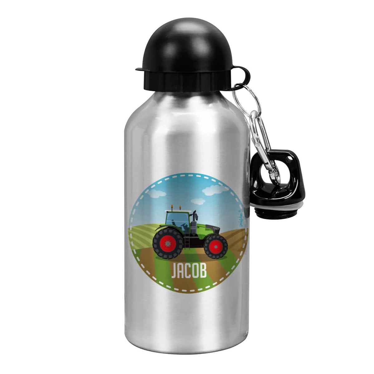 Silberne Trinkflasche mit Treckermotiv und Ihrem Wunschnamen