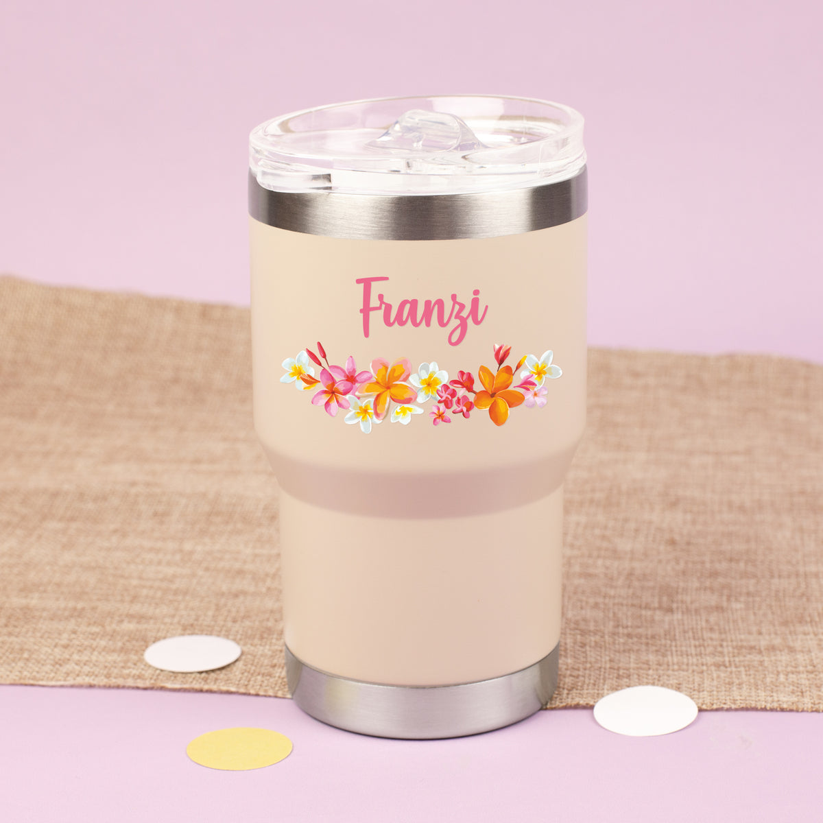 Personalisierter Thermobecher in Beige mit Blumenmotiv und Name Franzi als Geschenk für Frauen