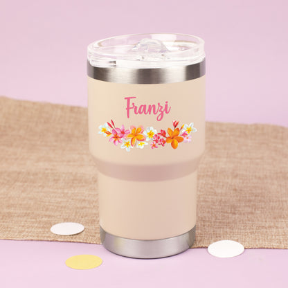 Personalisierter Thermobecher in Beige mit Blumenmotiv und Name Franzi als Geschenk für Frauen