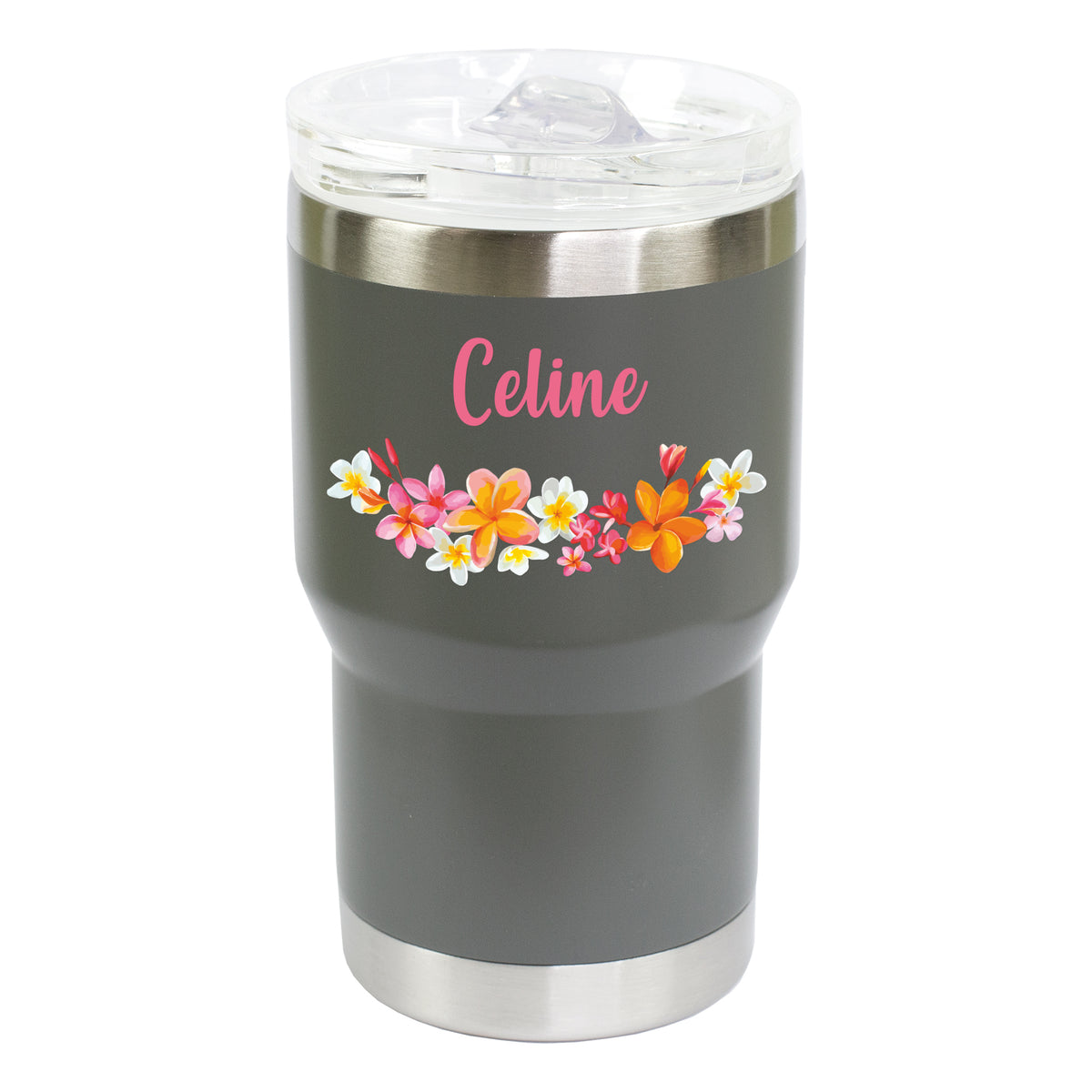 Freigestellter grauer Thermobecher mit Blumenmotiv und individuellem Namensaufdruck Celine
