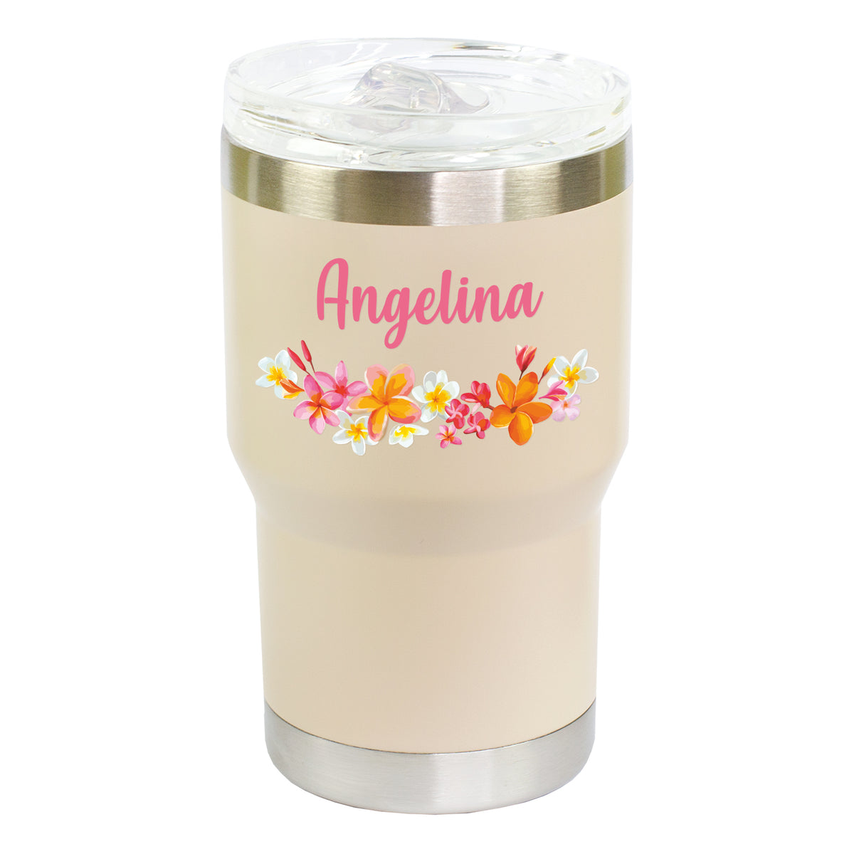 Freigestellter beigefarbener Thermobecher mit Blumenmotiv und individuellem Namensaufdruck Angelina