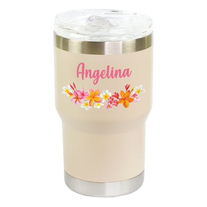 Freigestellter beigefarbener Thermobecher mit Blumenmotiv und individuellem Namensaufdruck Angelina